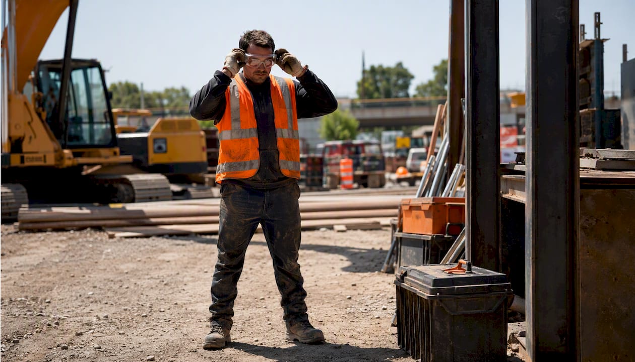 Worker donning safety gloves for shift