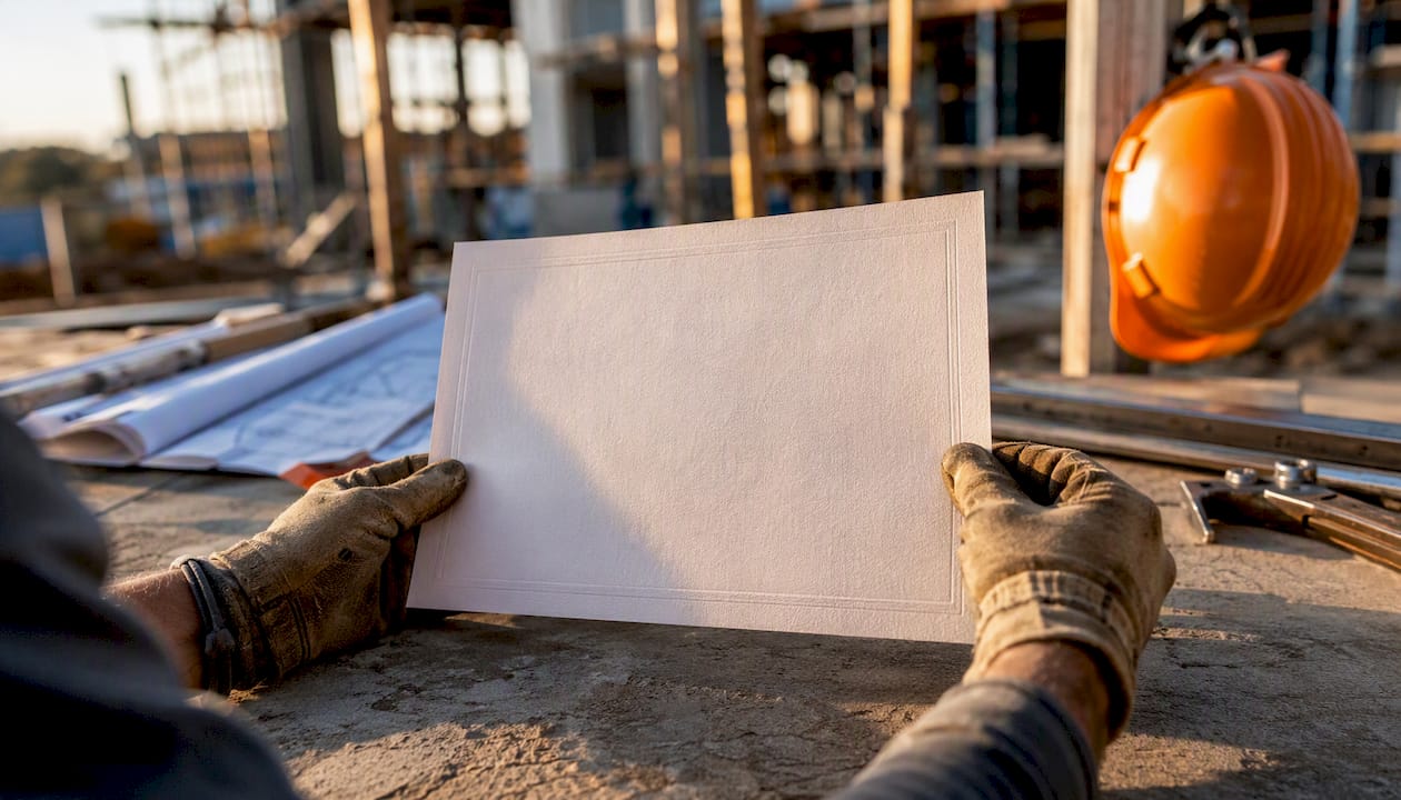 Hands holding blank insurance certificate at site