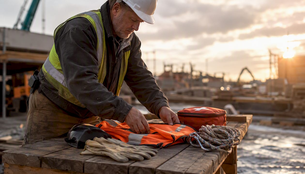 Safety vest and gloves on workbench