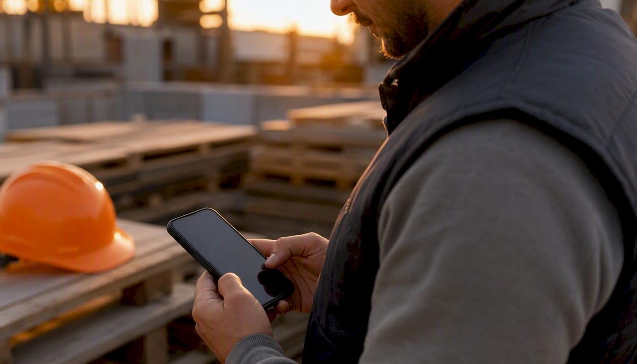 Contractor checking worker profiles on phone