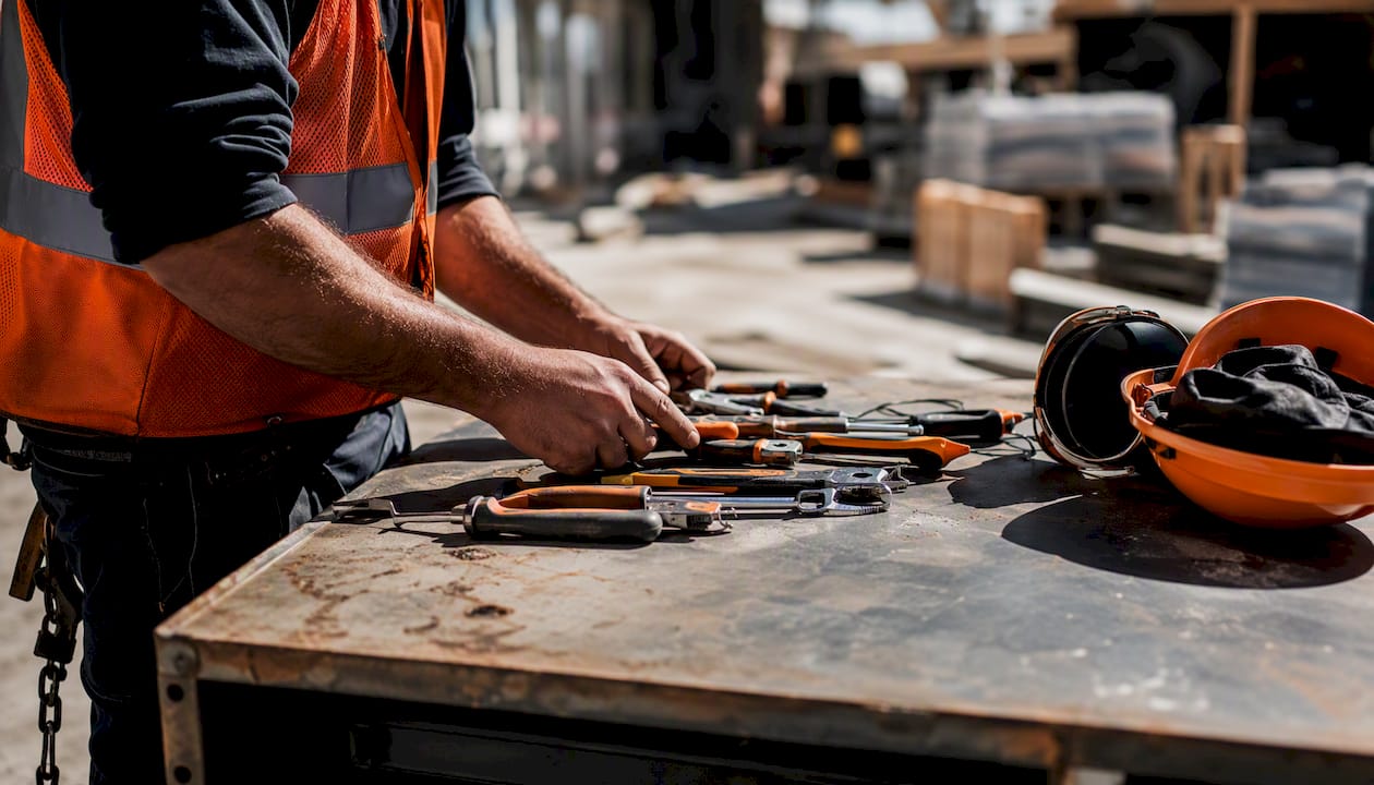 Construction worker arranging tools at work site