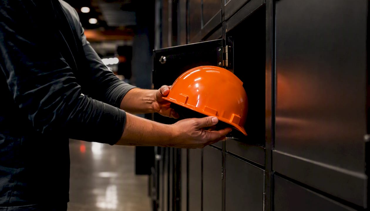 Worker placing safety helmet in locker