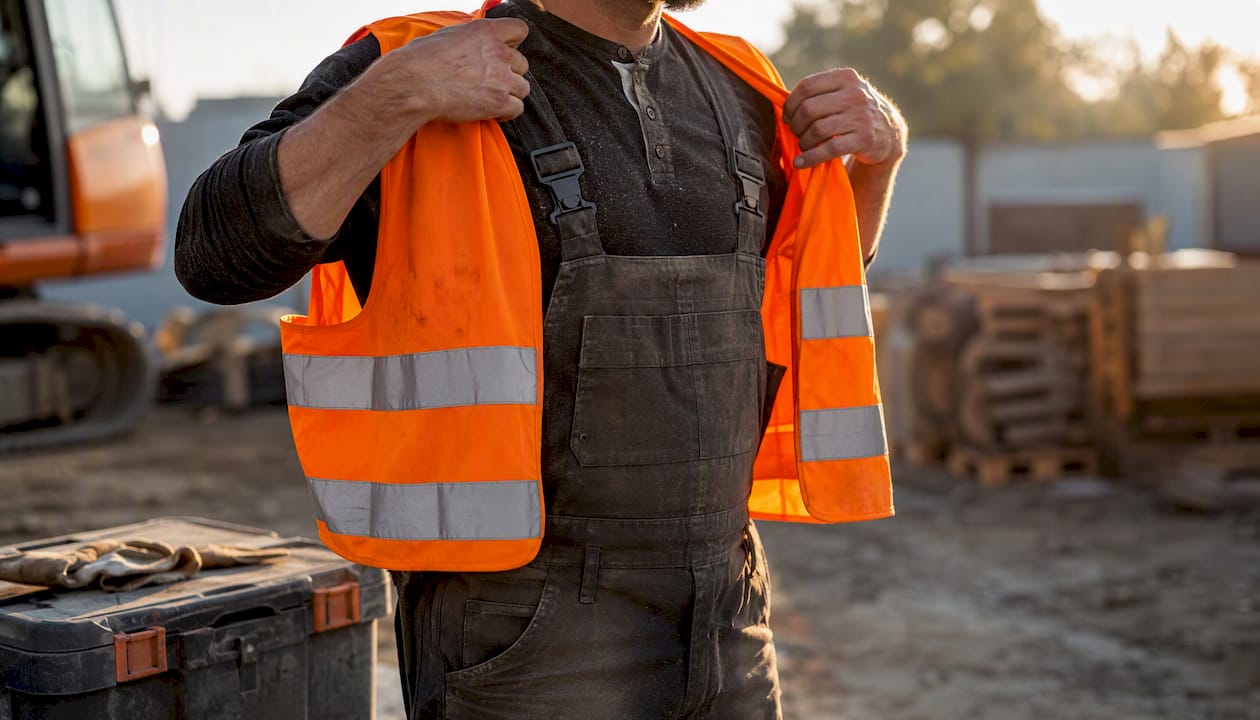 Worker putting on safety vest outdoors