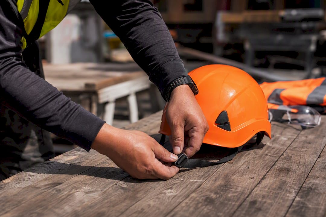 Hands adjusting hard hat straps
