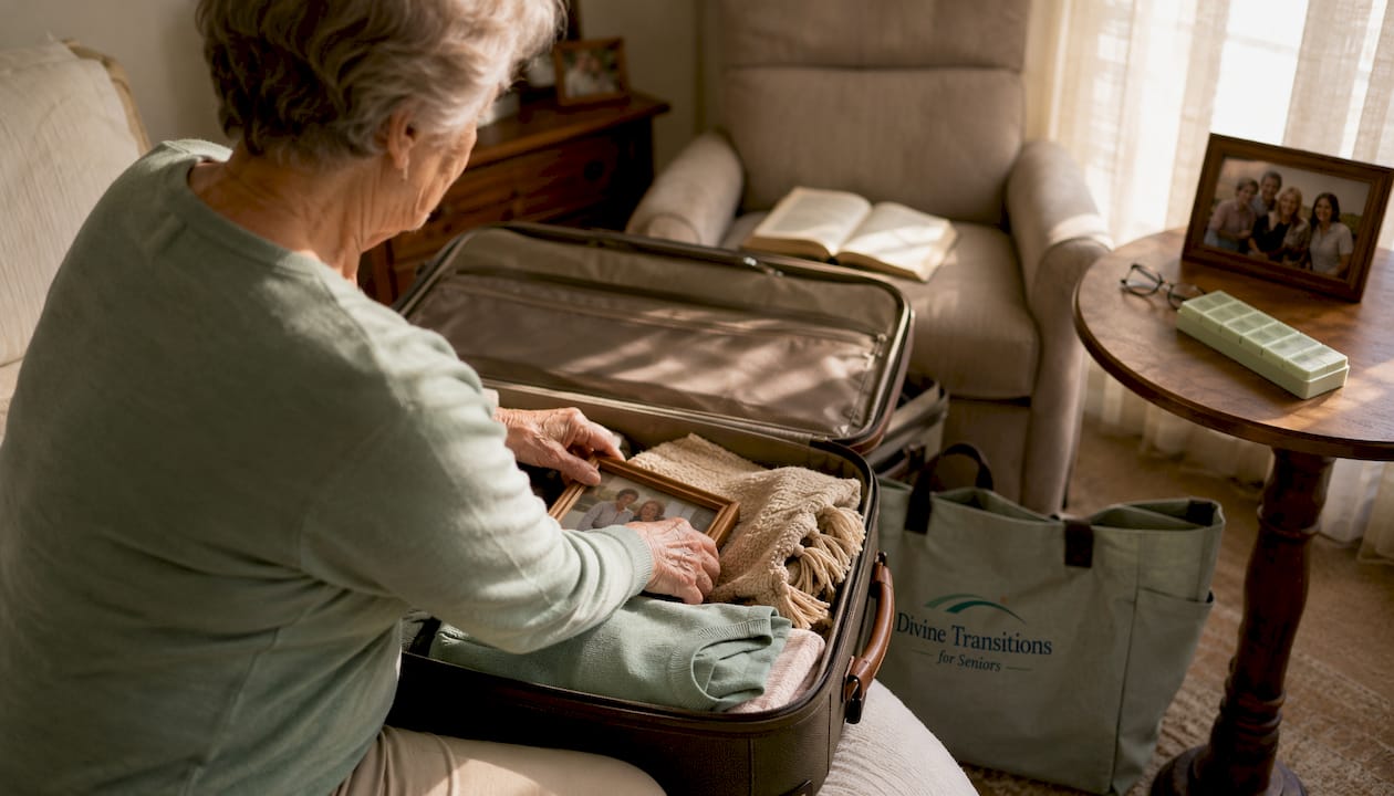 Hands packing suitcase for assisted living move