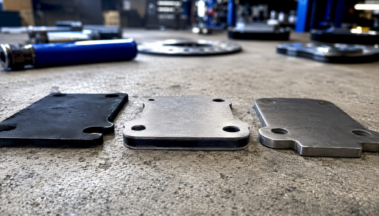 Close-up of three brake pad shim types