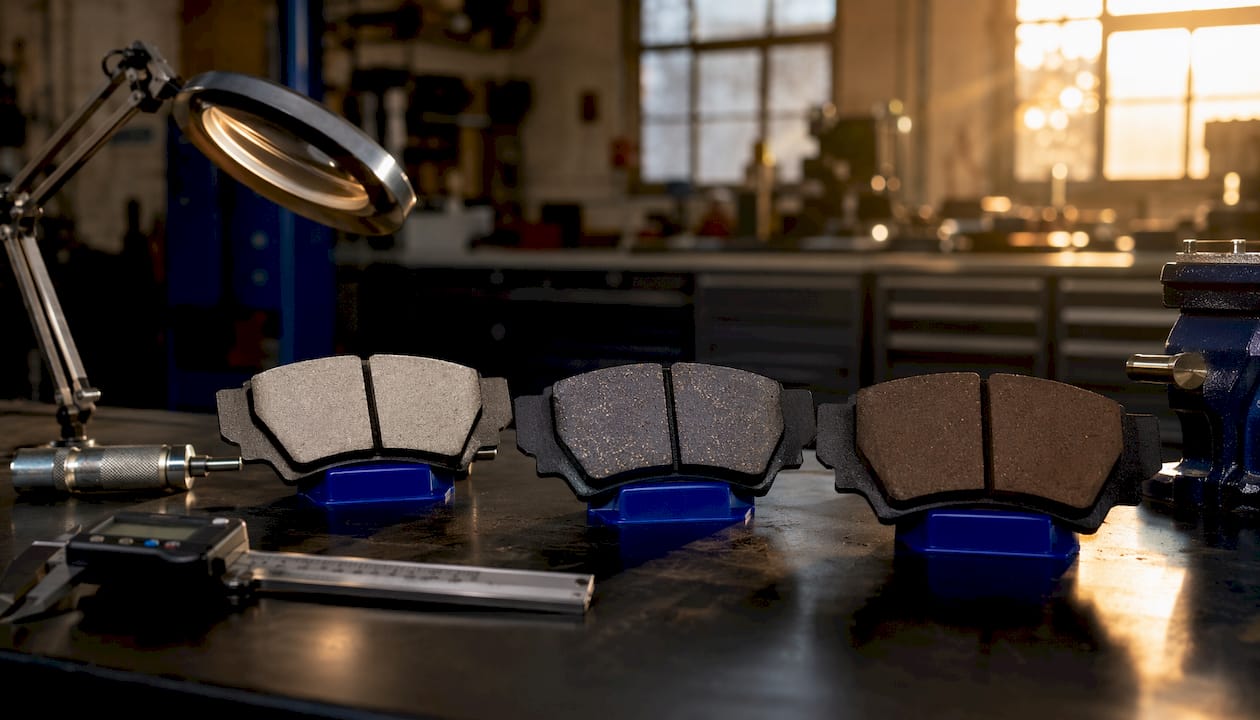 Close-up of ceramic, semi-metallic, organic brake pads