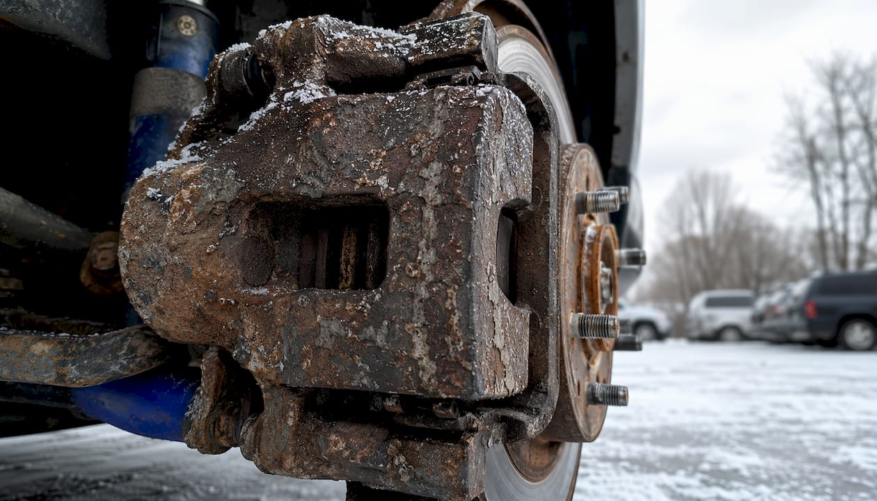 Close-up of brake caliper corrosion on car wheel
