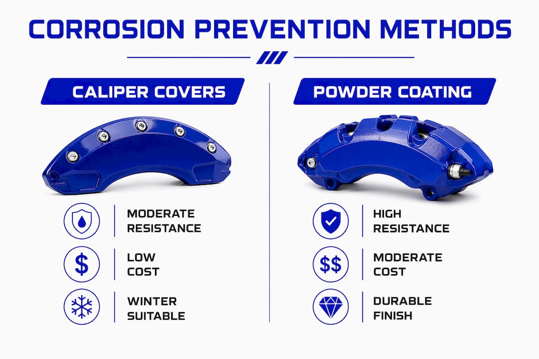 Infographic comparing caliper corrosion prevention methods