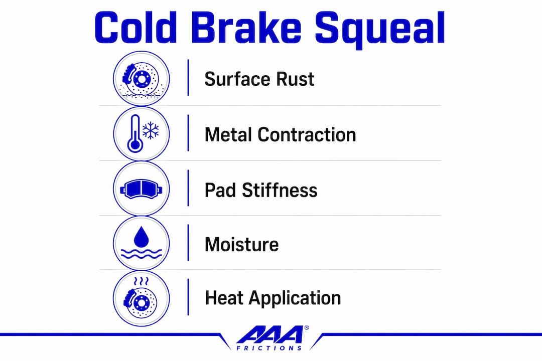 Infographic showing cold brake squeal causes and fixes
