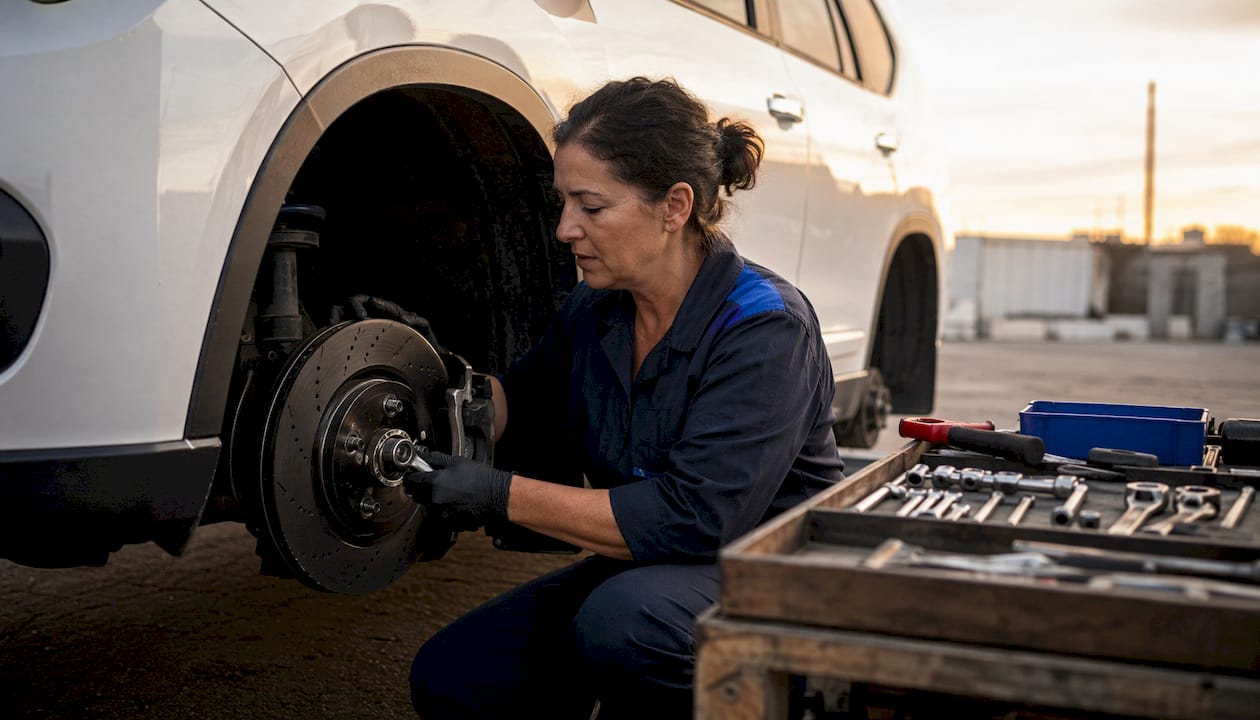 Mechanic installing high carbon rotor on vehicle