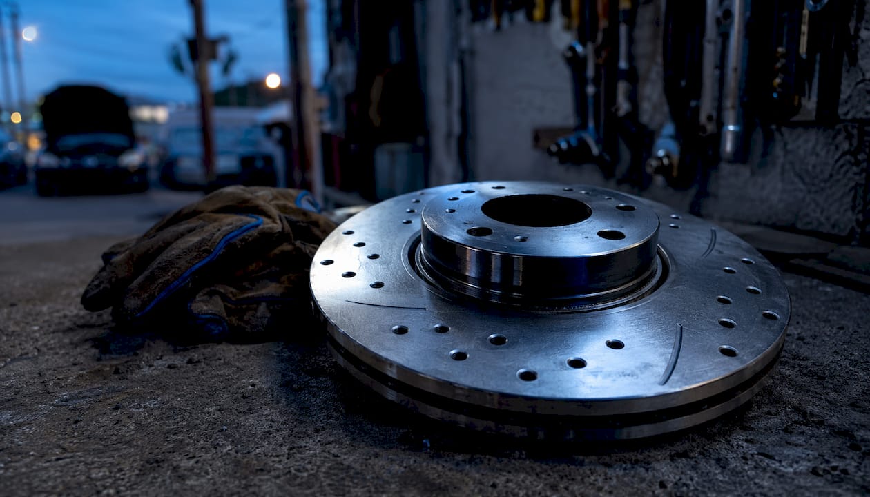 Close-up of high-quality drilled brake rotor