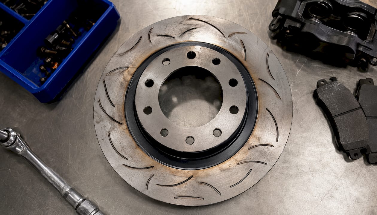 Detailed close-up of slotted brake rotor slots