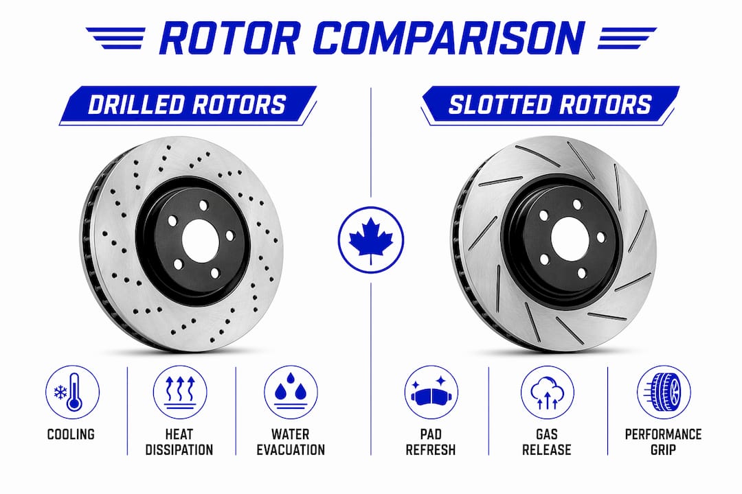 Infographic comparing drilled vs slotted rotors