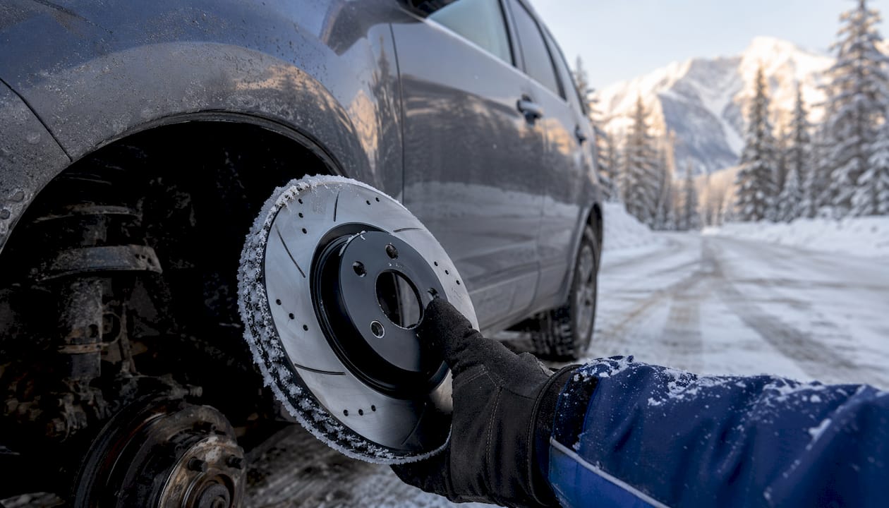 Gloved hand holding coated brake rotor by snowy SUV