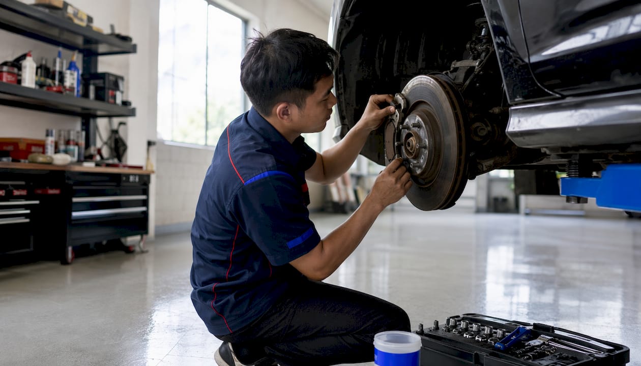 Person installing ceramic brake pad in garage