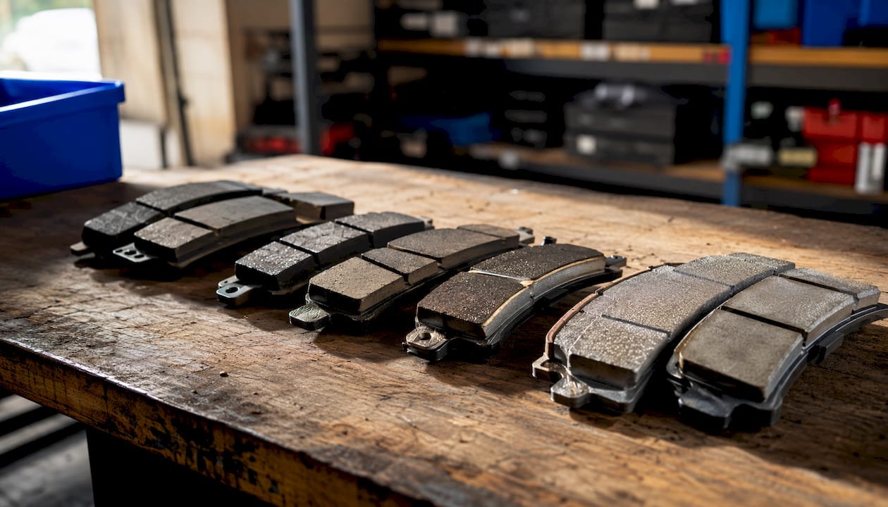 Close-up of different heavy-duty brake pad materials
