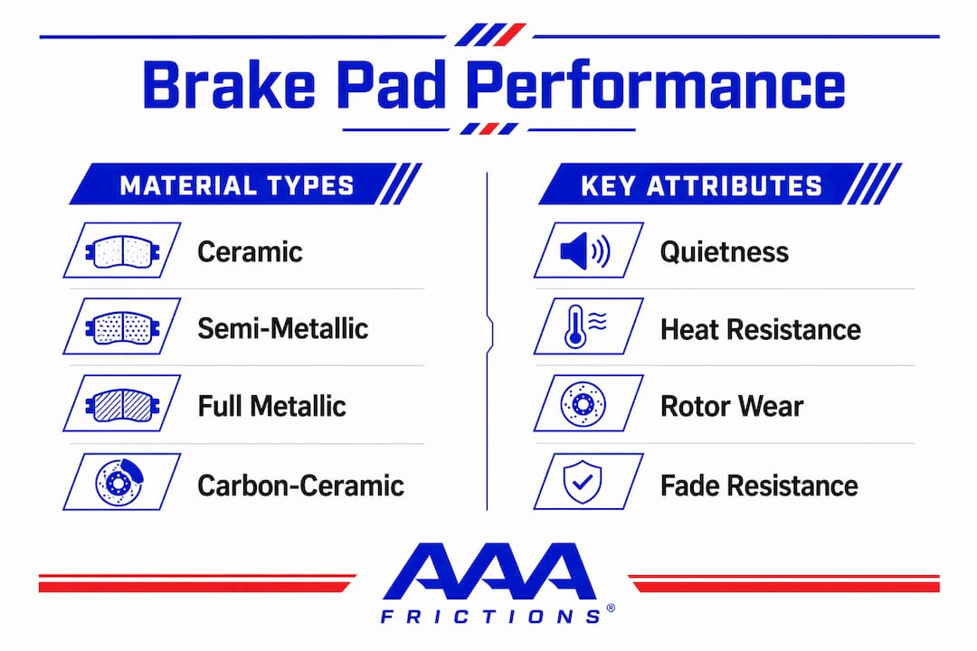 Infographic comparing heavy-duty brake pad materials and attributes
