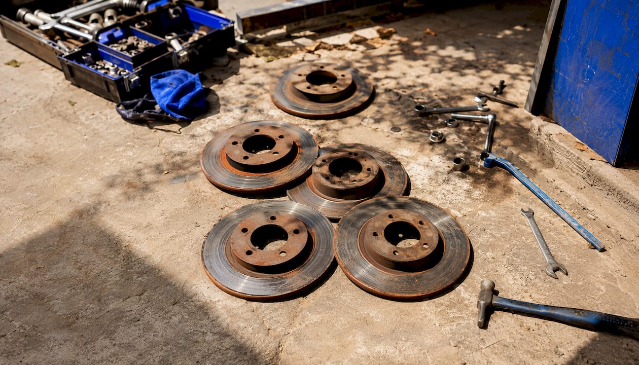 Close-up of corroded plain brake rotors on workbench