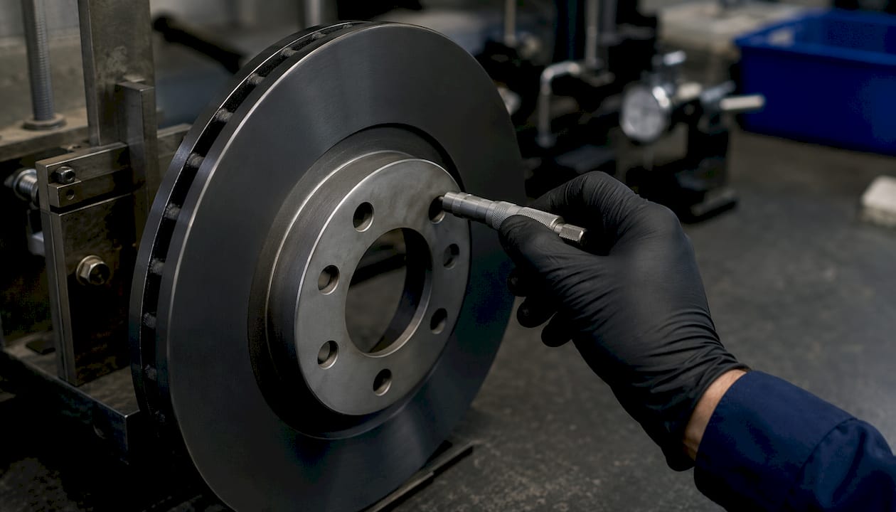 Engineer measuring coated rotor surface with micrometer