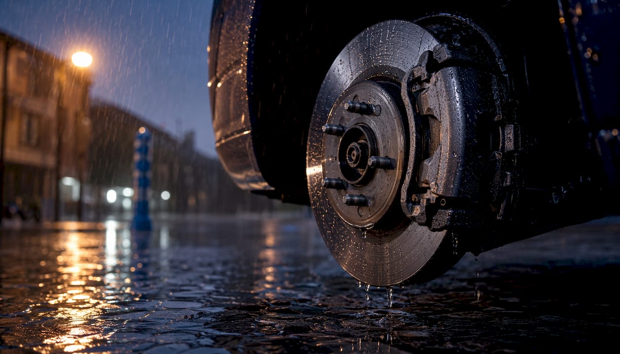 Close-up disc brake with water droplets in rain