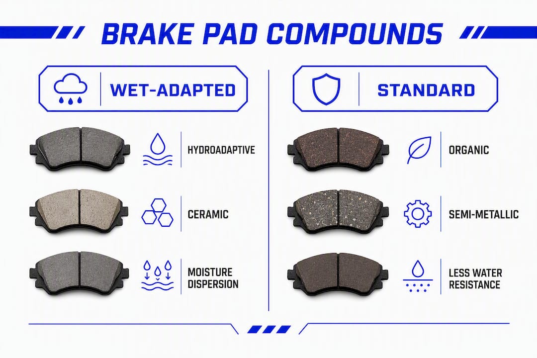 Infographic comparing wet-adapted and standard brake pad compounds