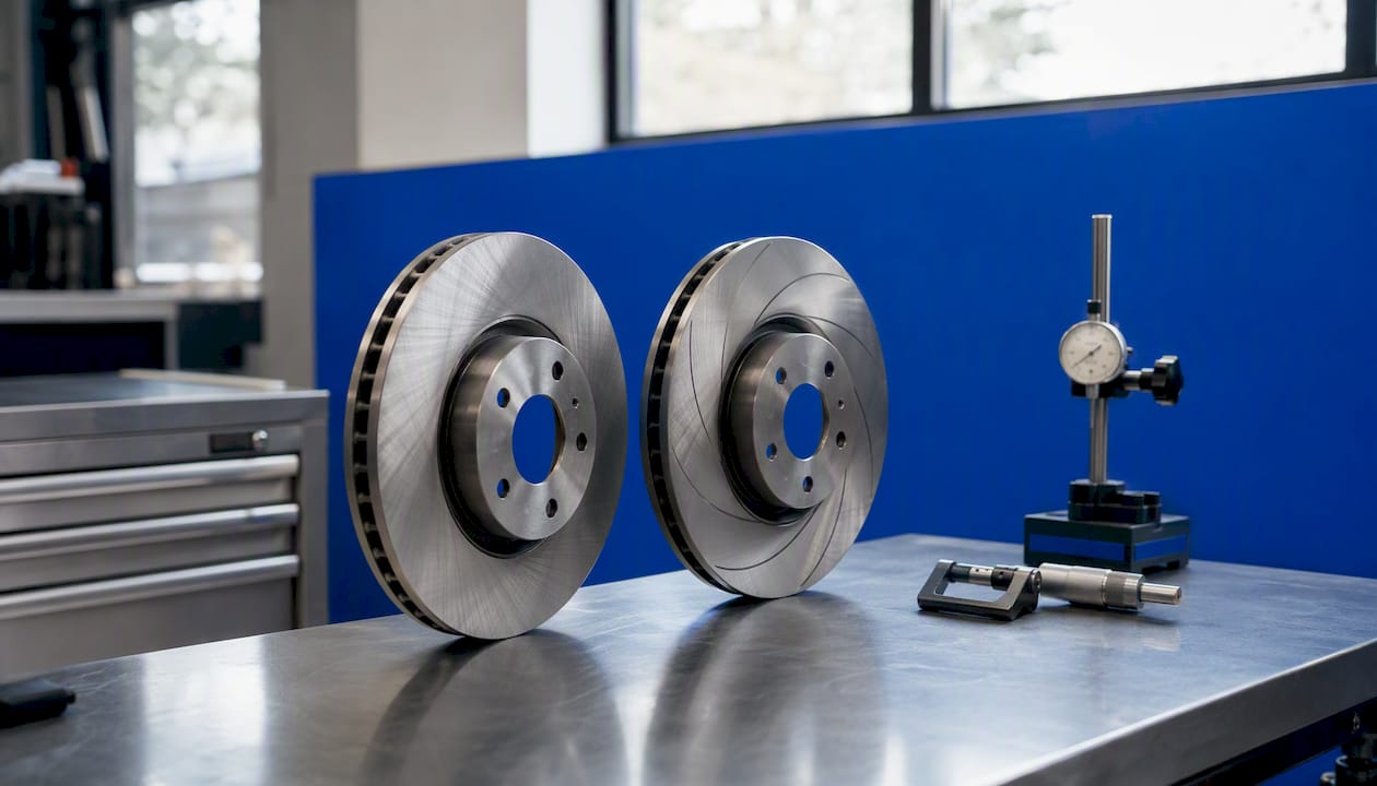 Overhead view of straight and curved vane brake rotors
