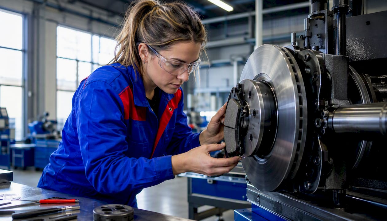 Technician fitting brake pad onto rotor in service bay
