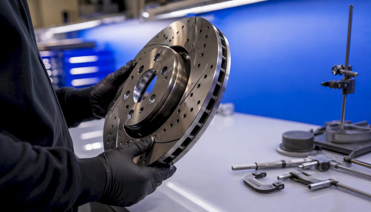Technician's hands holding drilled rotor above brake caliper