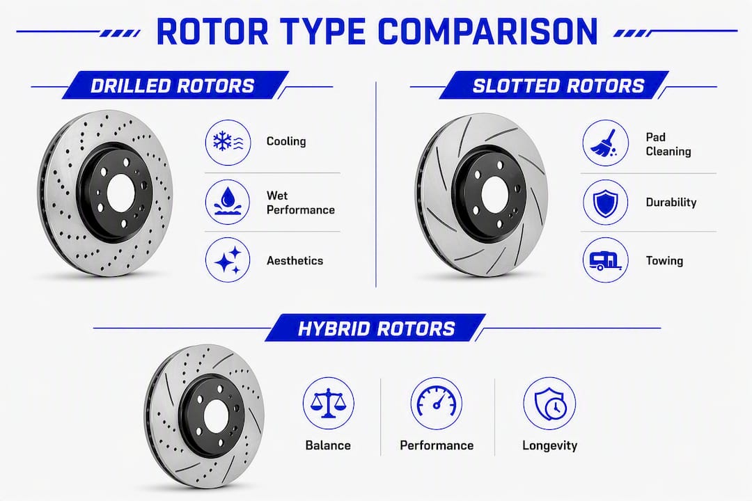 Infographic comparing drilled, slotted, and hybrid rotors