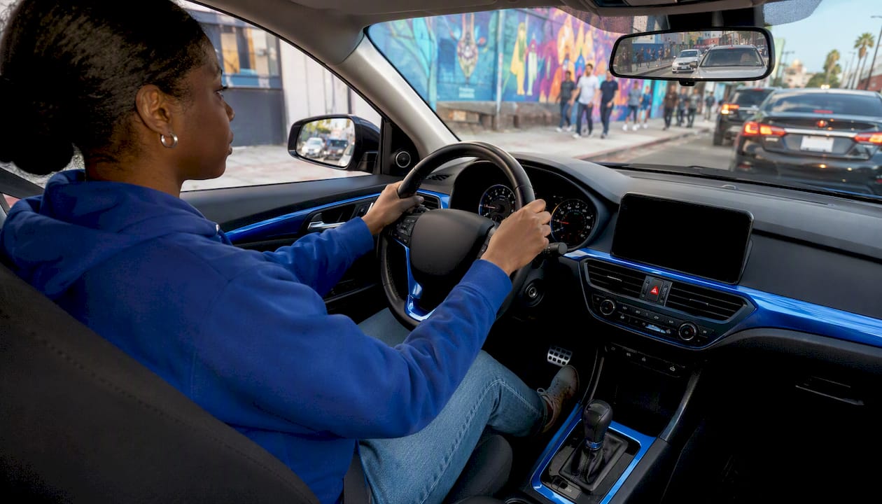 Urban driver braking smoothly in sedan