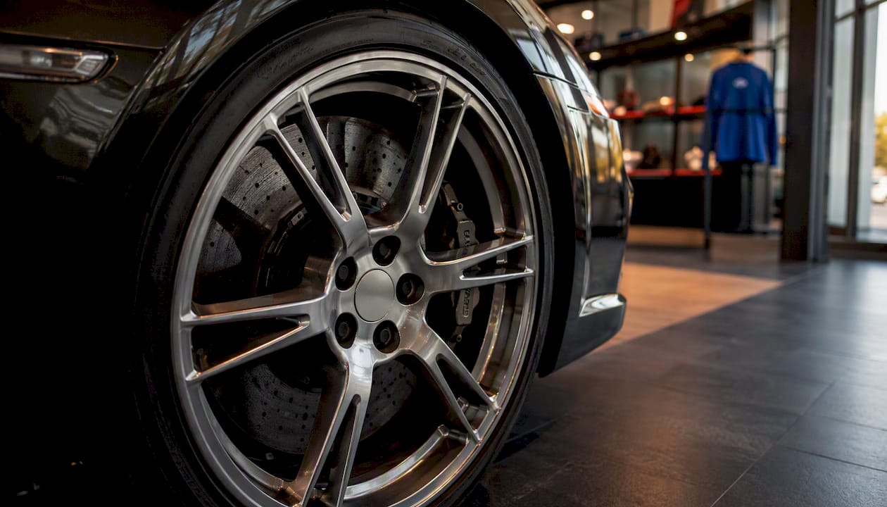 Clean alloy wheel with ceramic brake pads close-up