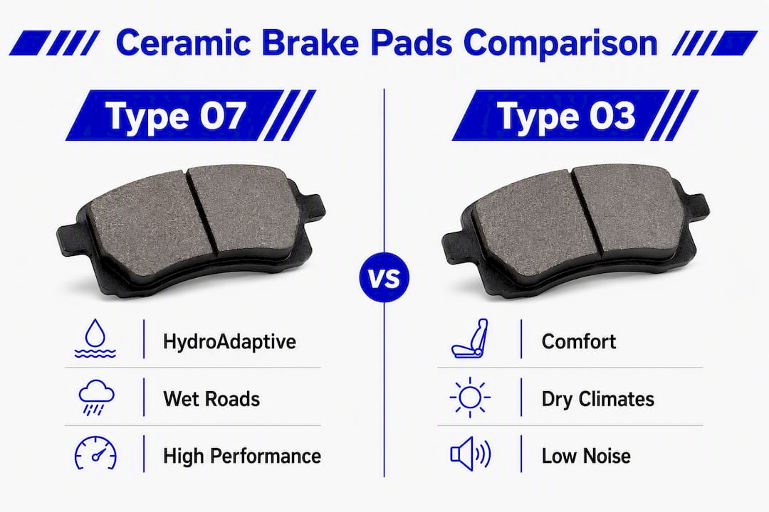 Infographic comparing Type 07 vs Type 03 ceramic pads