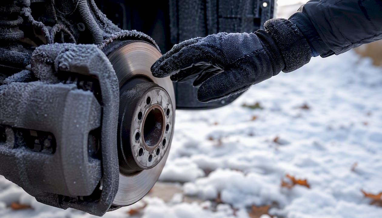 Hand checking brake rotor heat on winter car