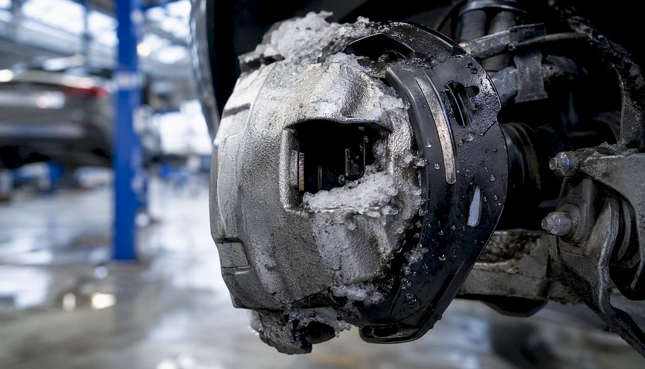 Brake caliper with anti-snow shield close-up