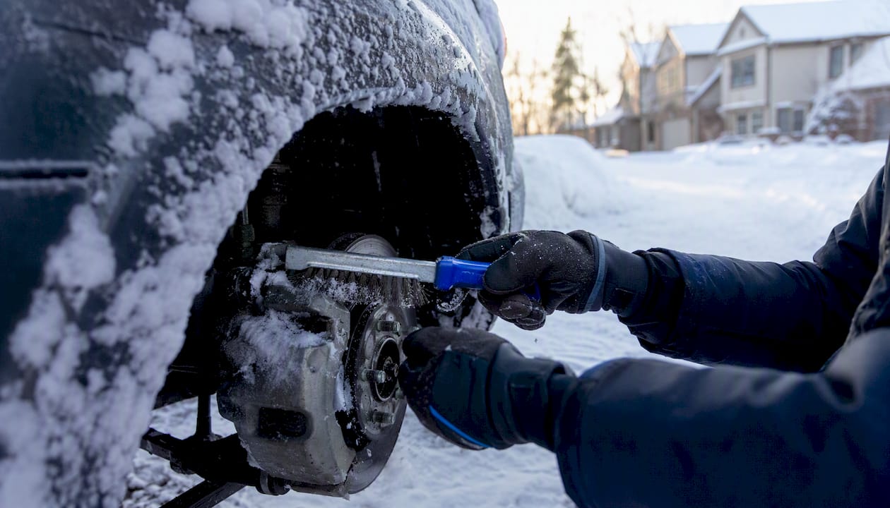 Gloved hands brushing snow off car brakes