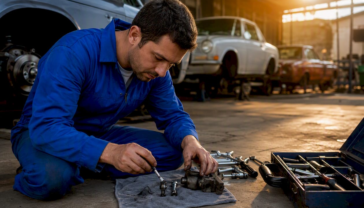 Mechanic lubricating brake caliper slide pins