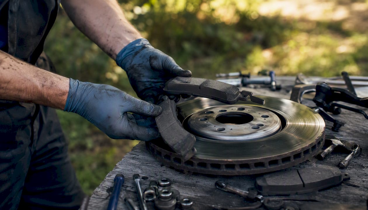 Hands inspecting brake pads and rotor