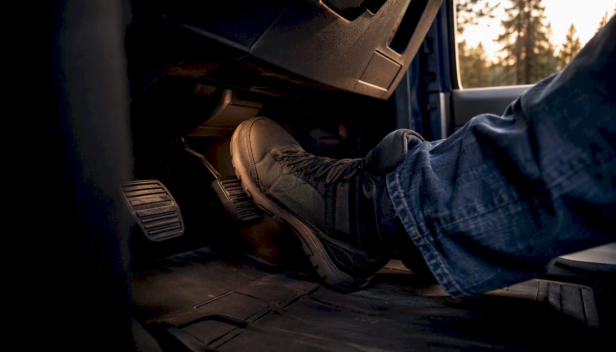 Driver lightly pressing brake and accelerator pedals