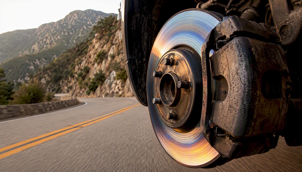Brake rotor showing heat discoloration on mountain descent