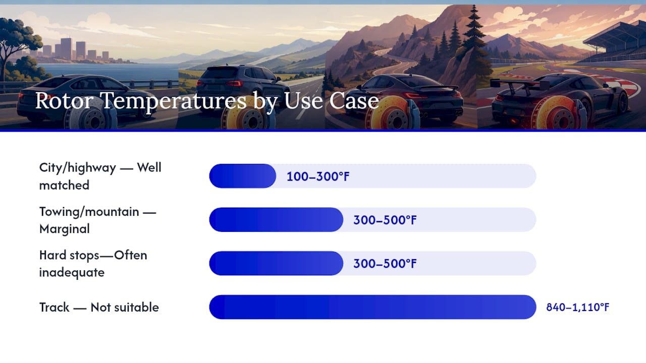 Brake pad suitability vs driving temperature ranges chart