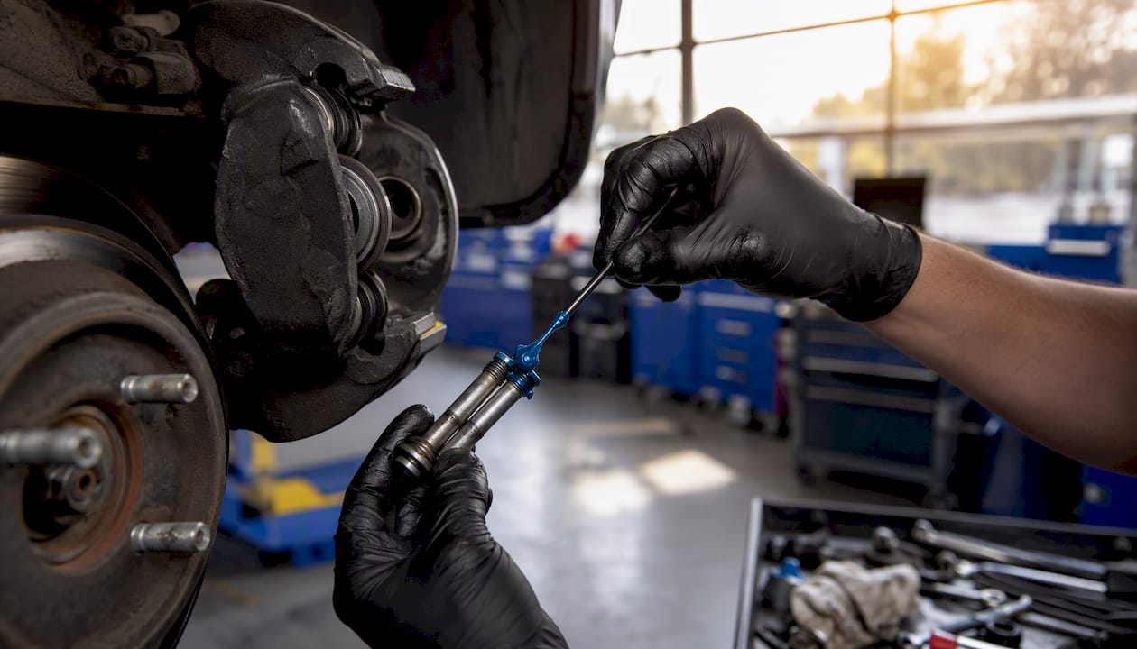 Hands lubricating brake caliper slide pins