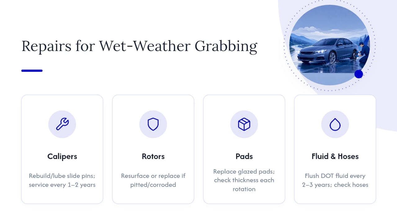 Diagram of brake system faults causing wet-weather grab