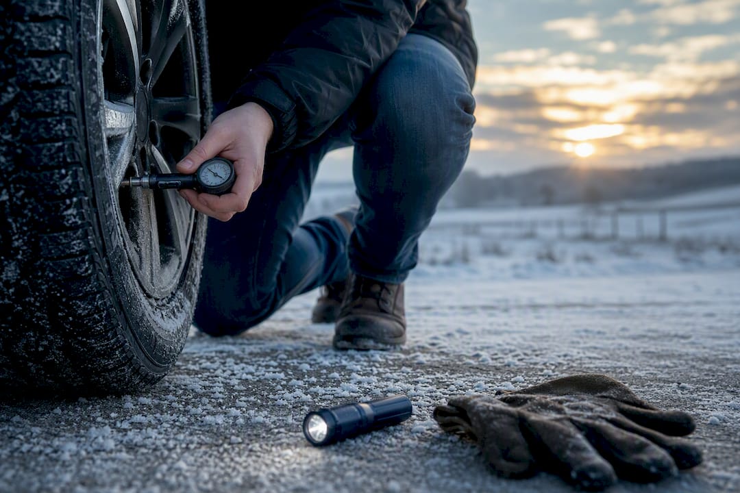 Hands adjusting tire pressure on winter tire outdoors