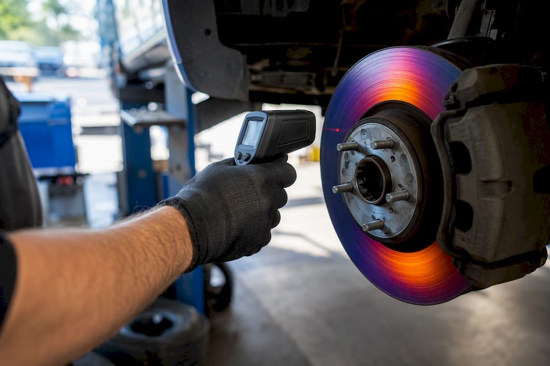 Infrared thermometer measuring brake rotor temperature