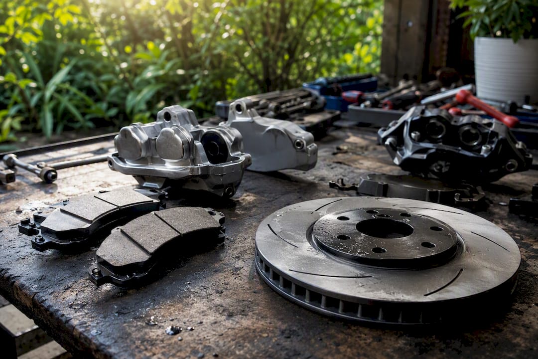 Brake kit components on workshop bench