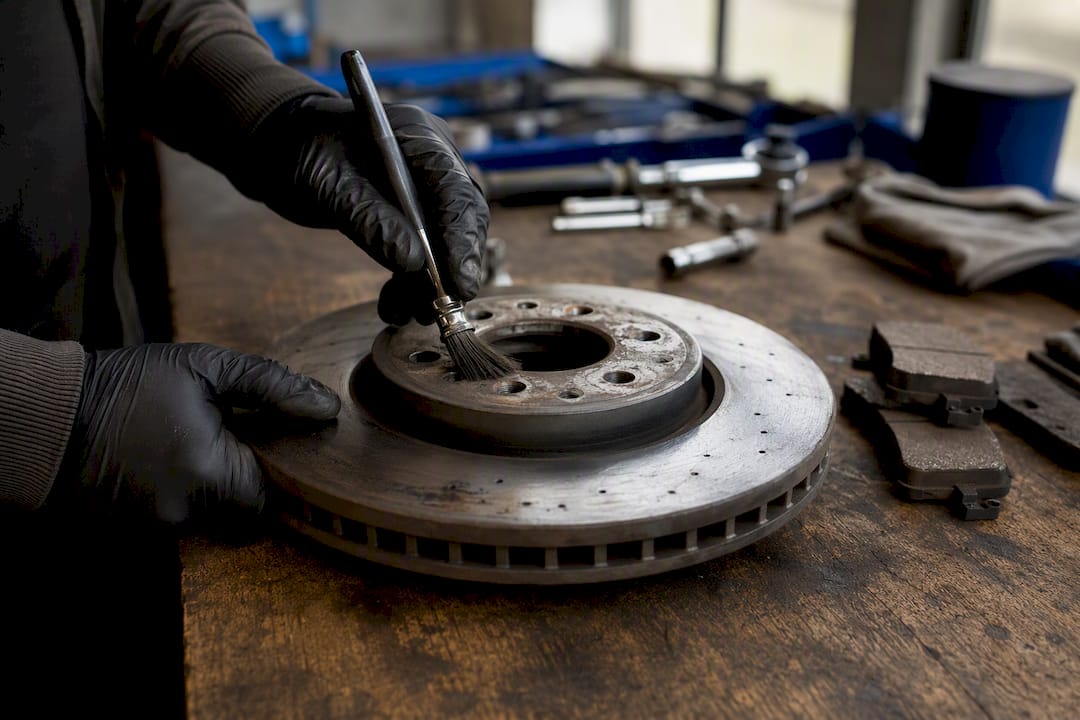 Mechanic cleaning brake parts close-up