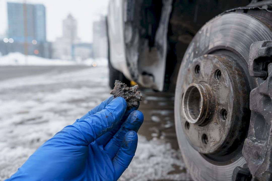 Gloved hand holding corrosive salt and brake dust paste