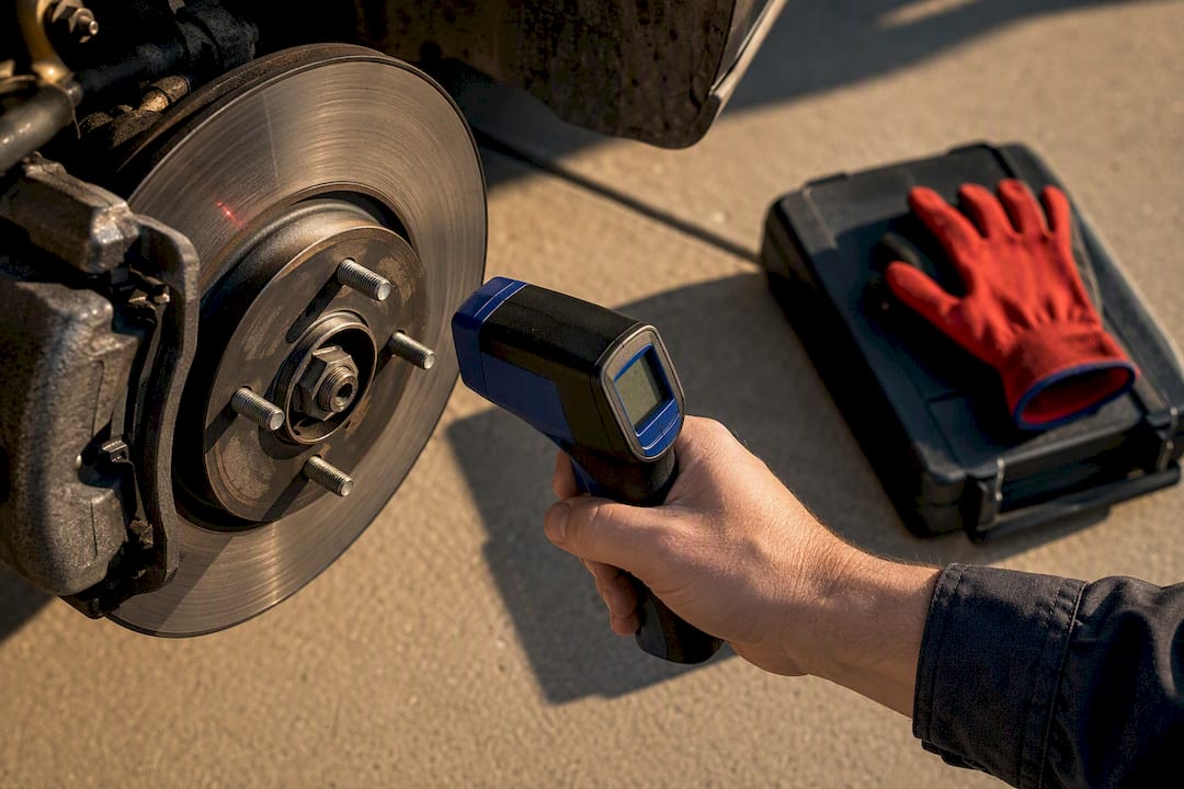 Infrared thermometer checking brake rotor temperature