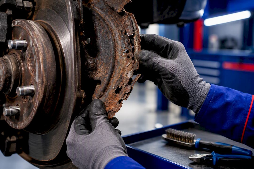 Hands inspecting flaking brake shield metal